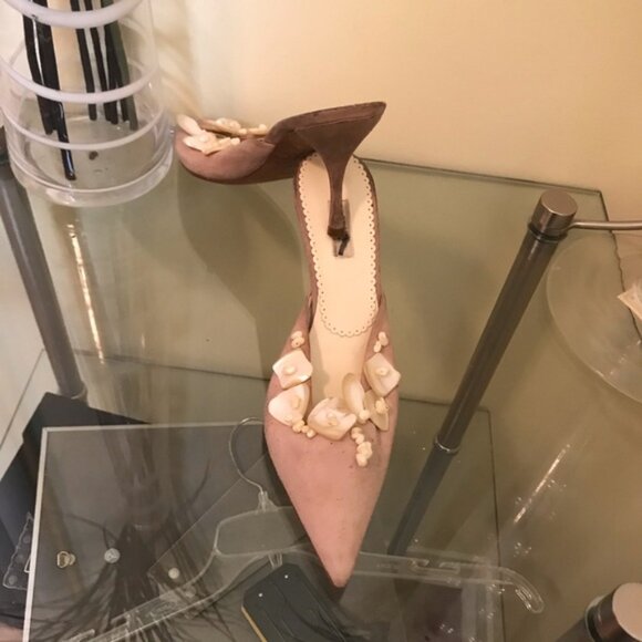 PRADA Vintage Suede Kitten Heel Mules Slides Shoes Pearl Shell Rose Blush Heels - Picture 7 of 8